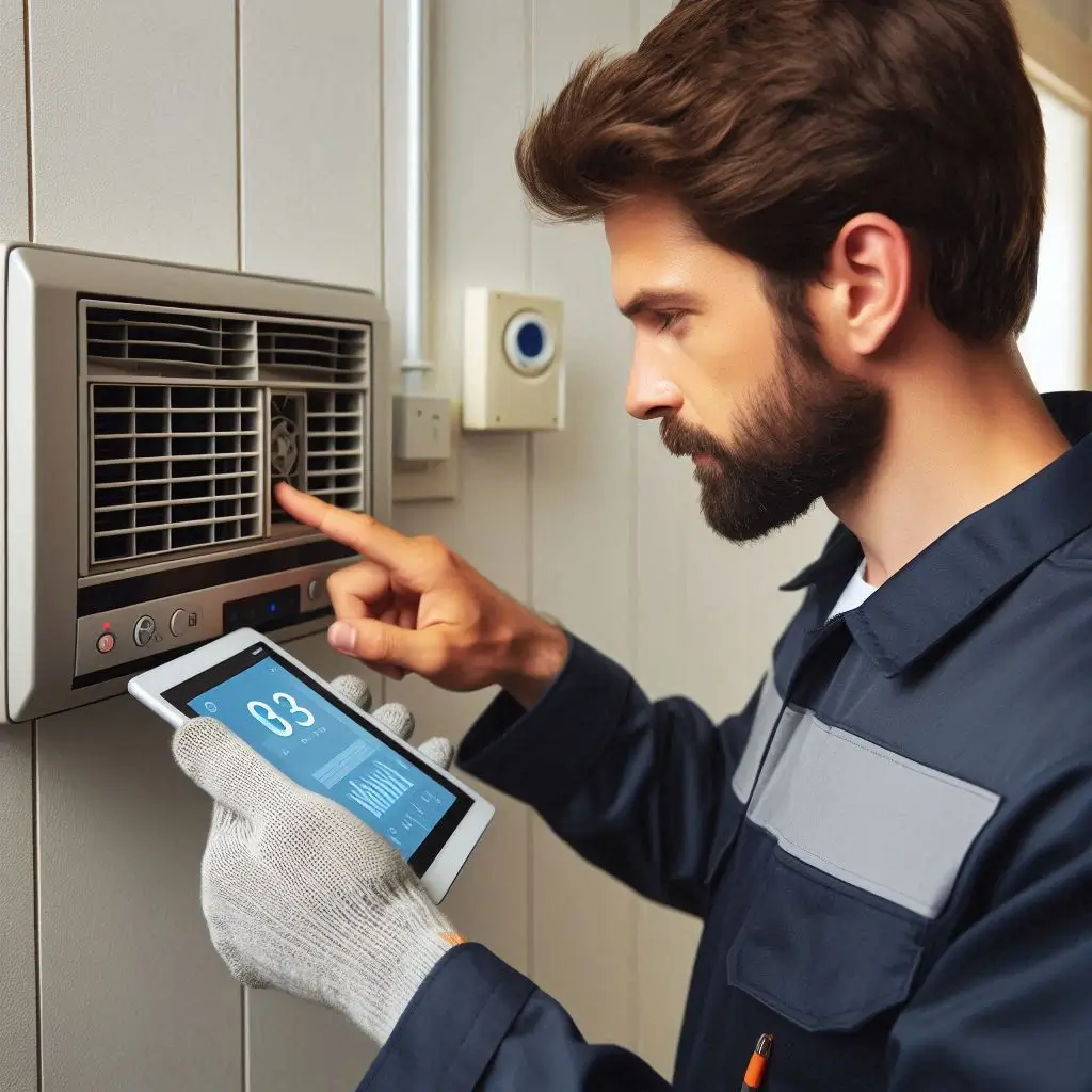 An HVAC technician checking the thermostat and inspecting an indoor AC vent, with a digital tablet in hand.]