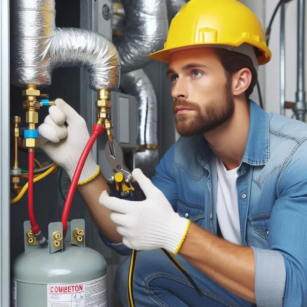 "An HVAC technician inspecting and ensuring correct ductwork and refrigerant charge during air conditioning installation."