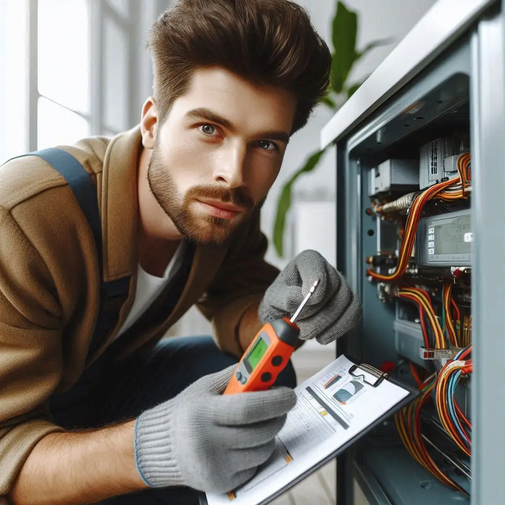 A technician inspecting and repairing a heating unit with diagnostic tools, ensuring the system operates efficiently.