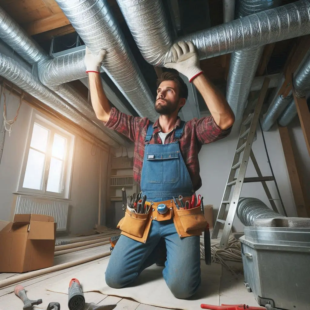 A contractor installing or replacing ductwork in a home, showing the labor-intensive process of routing ducts through ceilings and walls.
