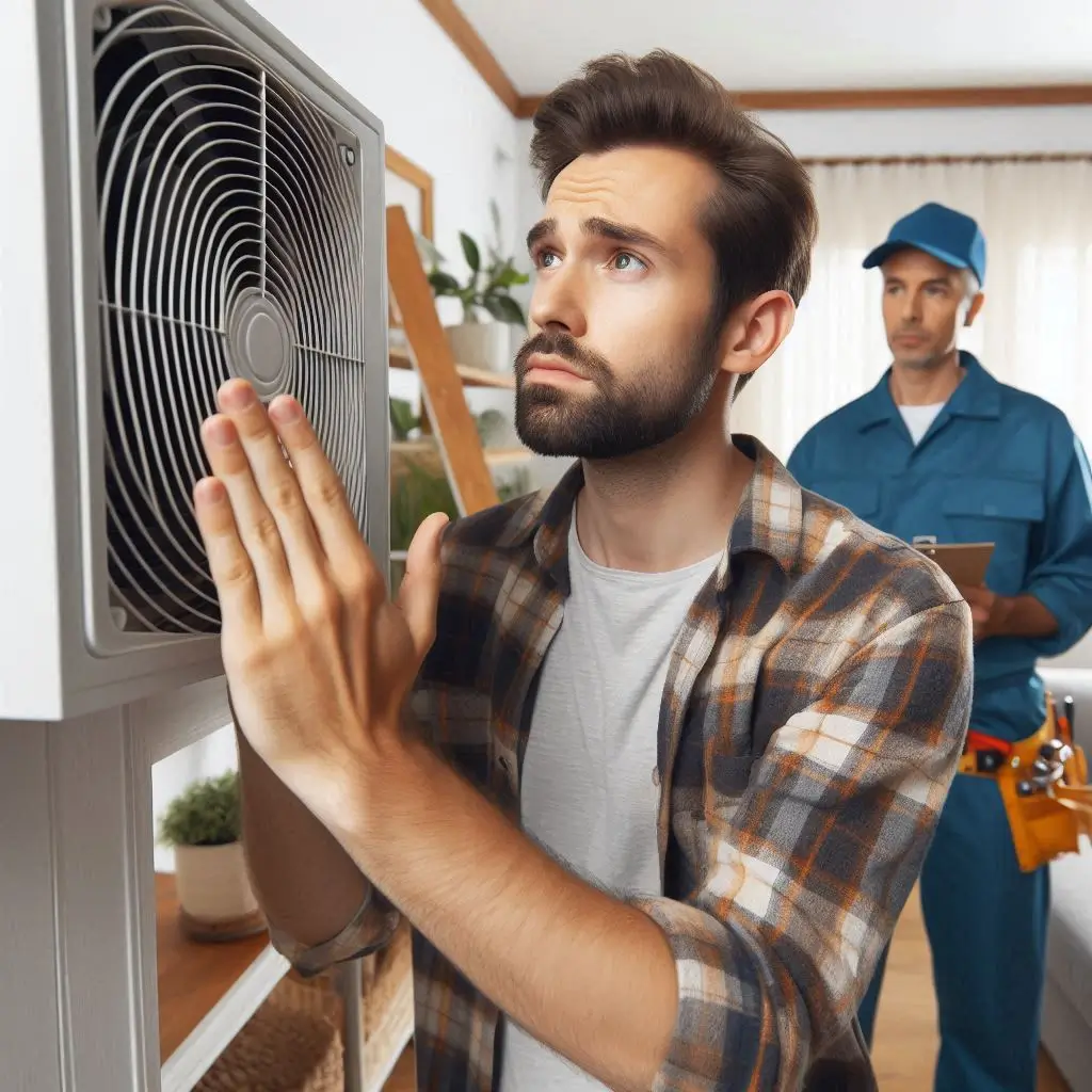 A homeowner checking an air vent with their hand to feel weak airflow, with an AC technician inspecting the HVAC system in the background.