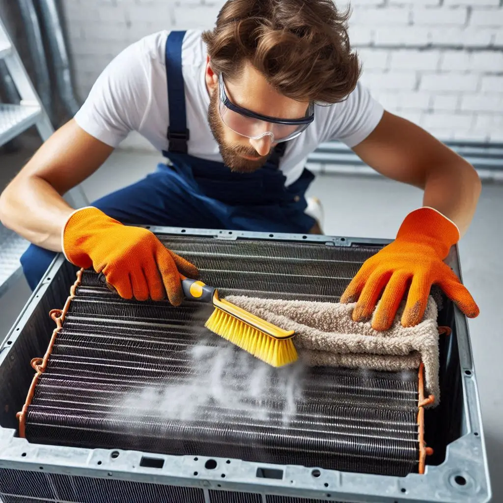 A technician cleaning the evaporator coils of an air conditioning unit, removing dust and buildup.