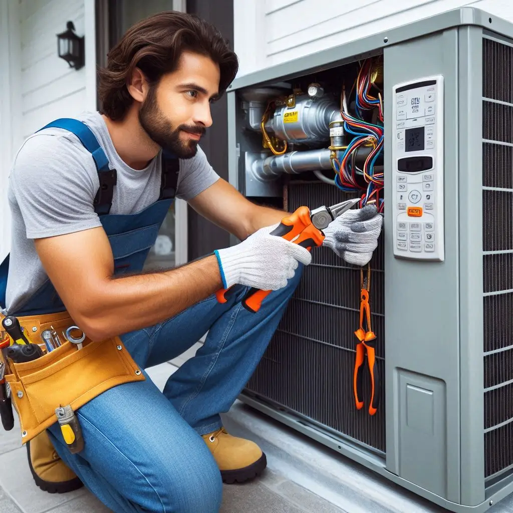 An HVAC technician installing a high-efficiency AC unit outside a home, showcasing professional tools and equipment.