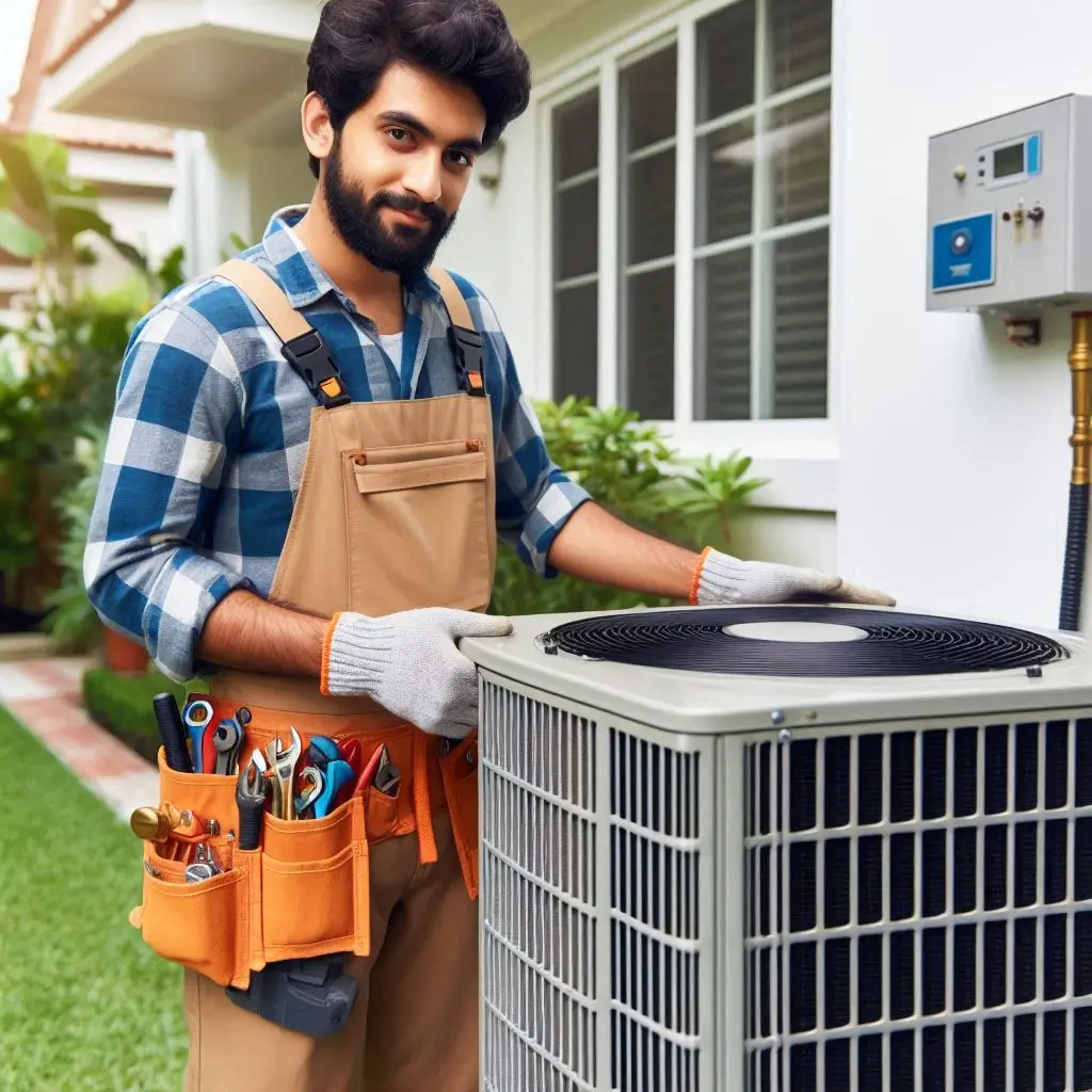 A professional HVAC technician performing an AC tune-up, inspecting the condenser unit outside a residential home.