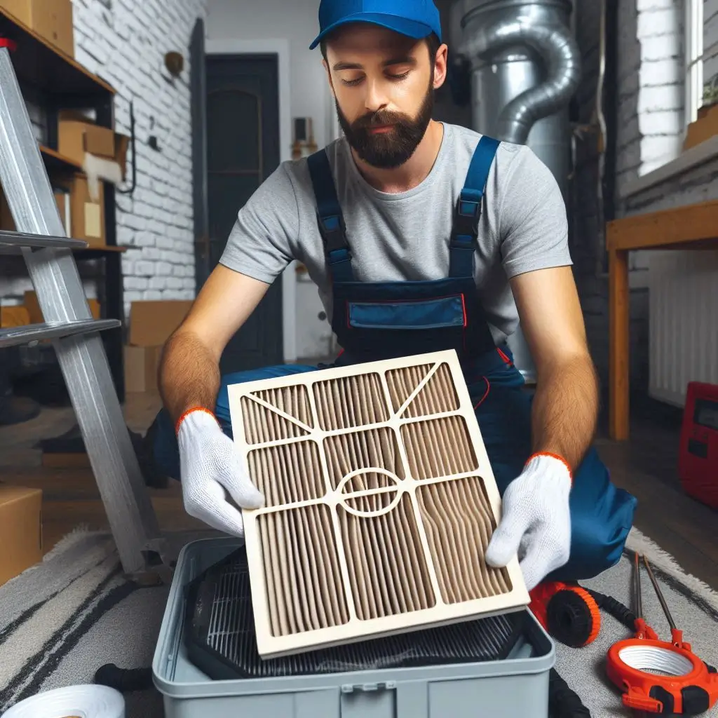An HVAC technician performing a scheduled maintenance check, replacing a dirty air filter with a new clean one.