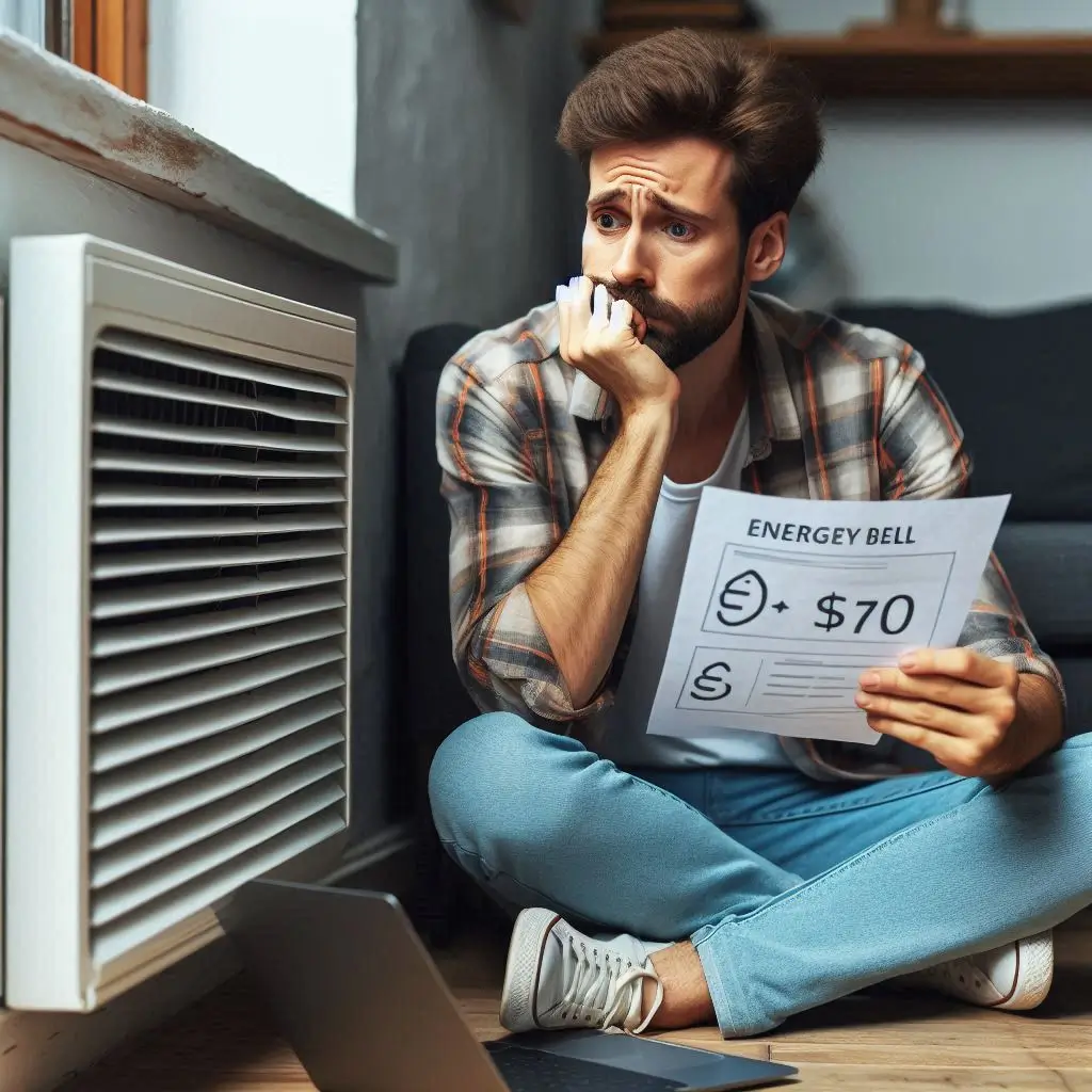 A worried homeowner sitting near an air vent, noticing weak airflow while looking at a high energy bill.