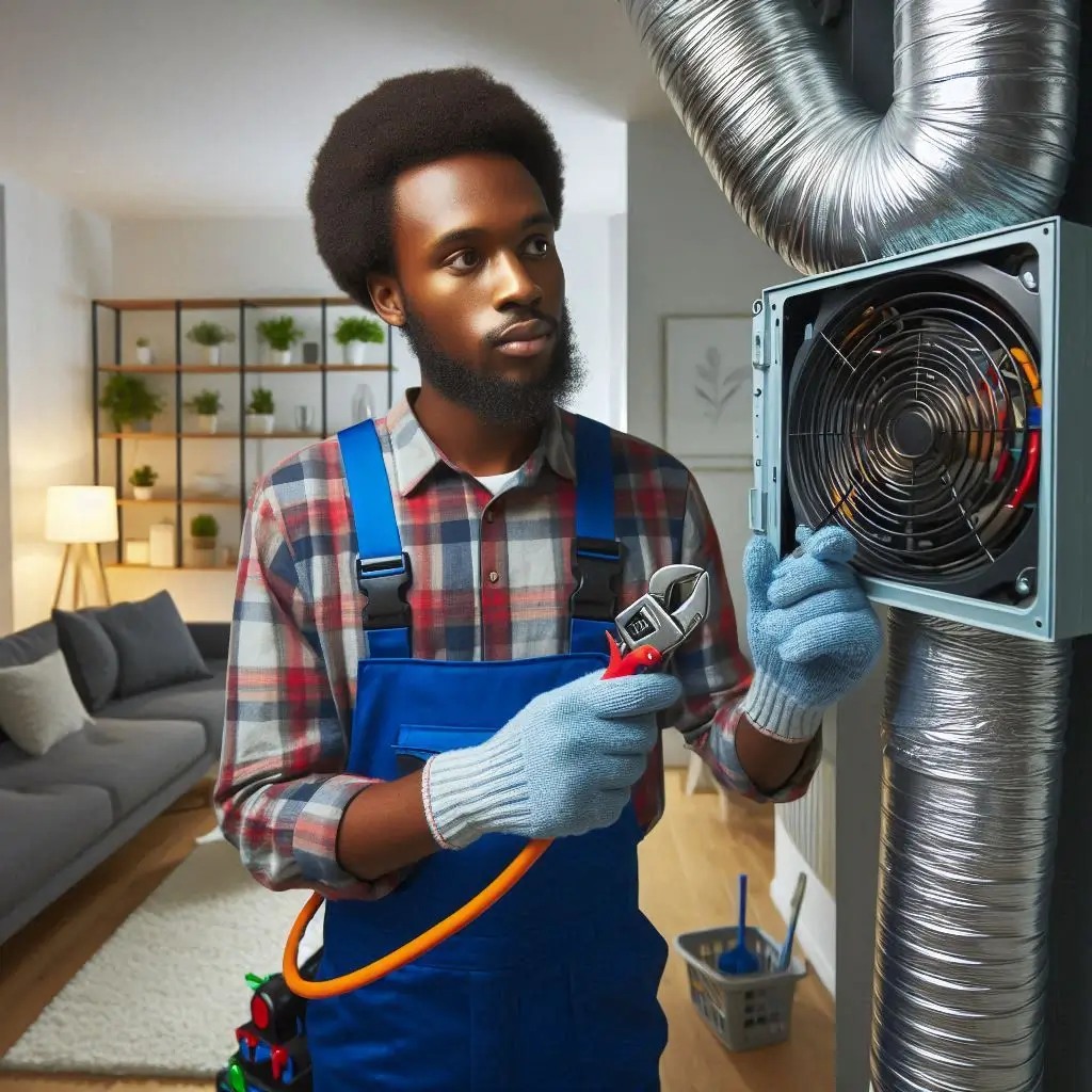 A modern home HVAC system with a technician performing routine maintenance. The image should highlight air ducts and cooling systems.