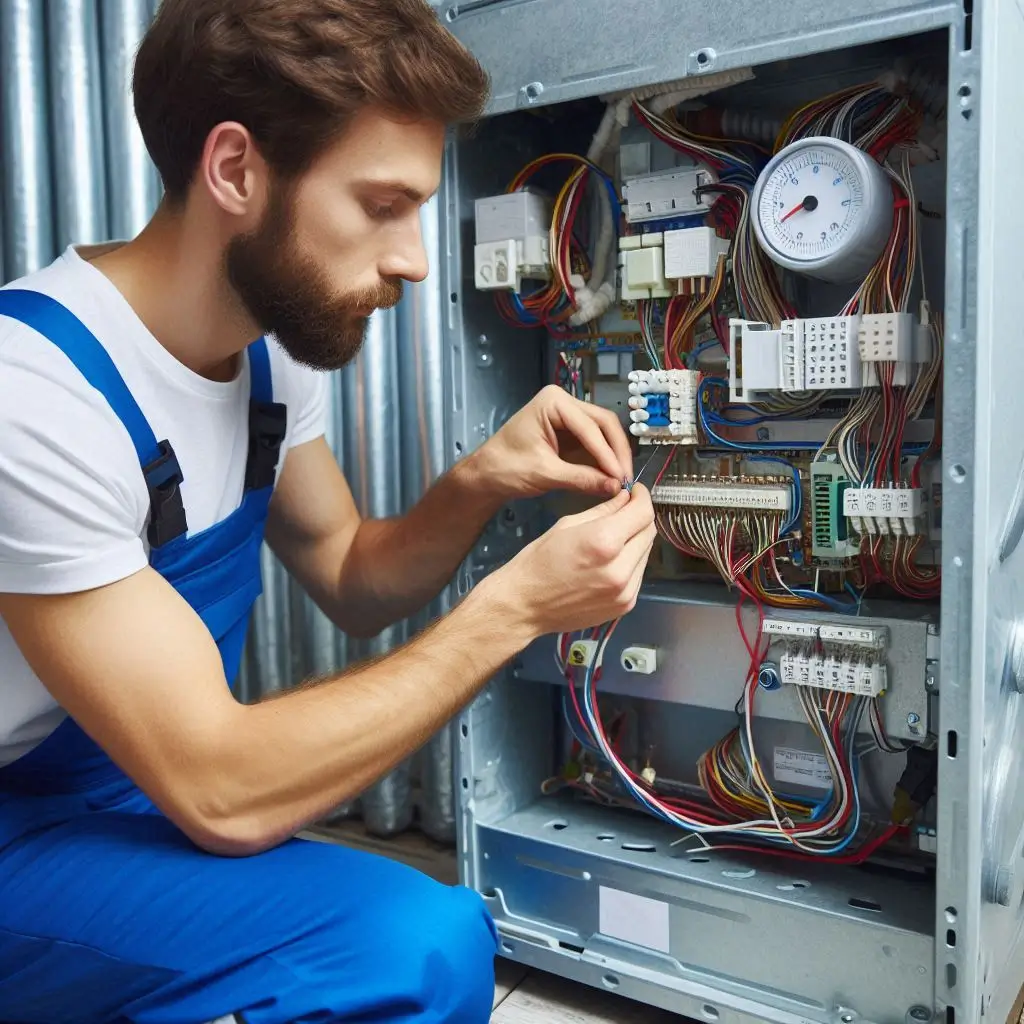 Generate an image of an HVAC technician fixing a small issue in a heating system during a routine maintenance visit, demonstrating the importance of preventative maintenance to avoid emergency repairs.