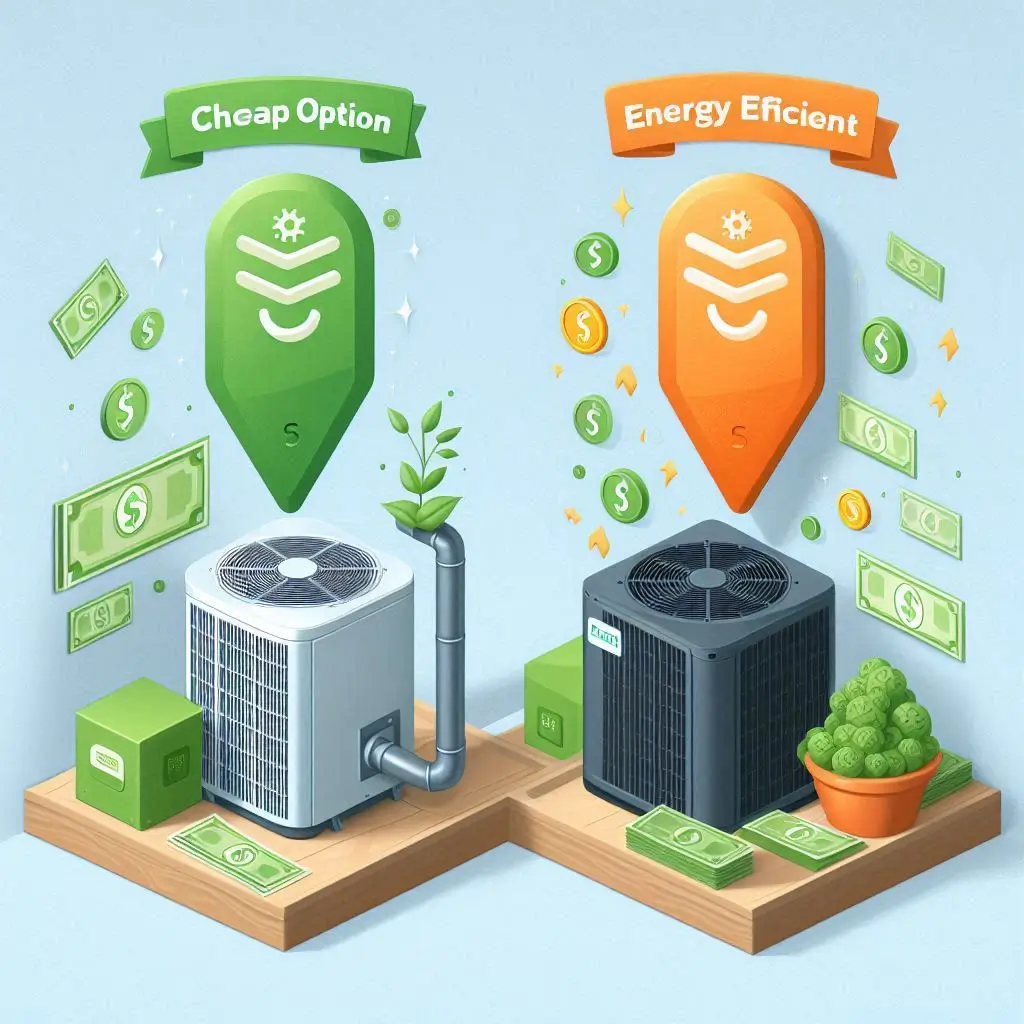 Image showing two HVAC systems, one labeled “Cheap Option” with a high energy bill and another labeled “Energy Efficient System” with a low energy bill. The image should highlight the long-term cost savings of the energy-efficient option.