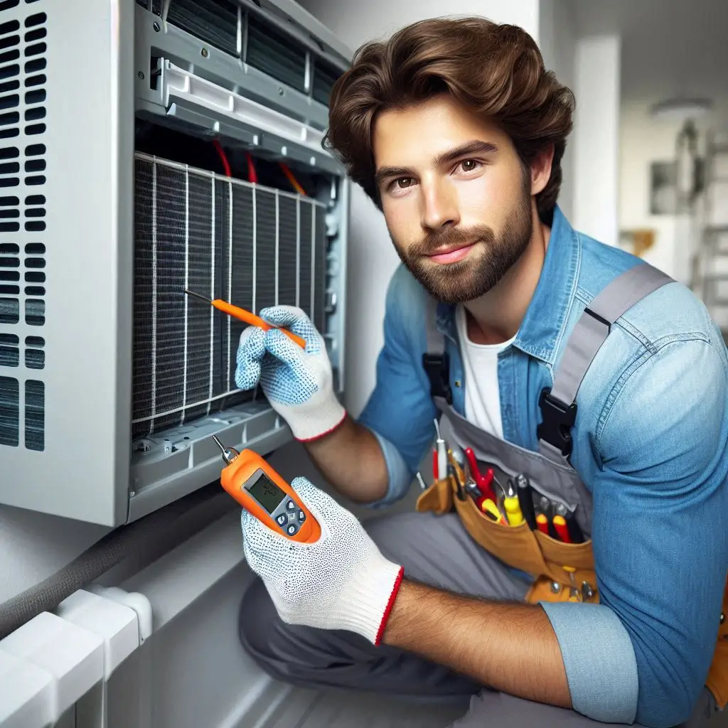 A professional HVAC technician servicing an air conditioning unit inside a modern home, wearing safety gloves and using diagnostic tools.