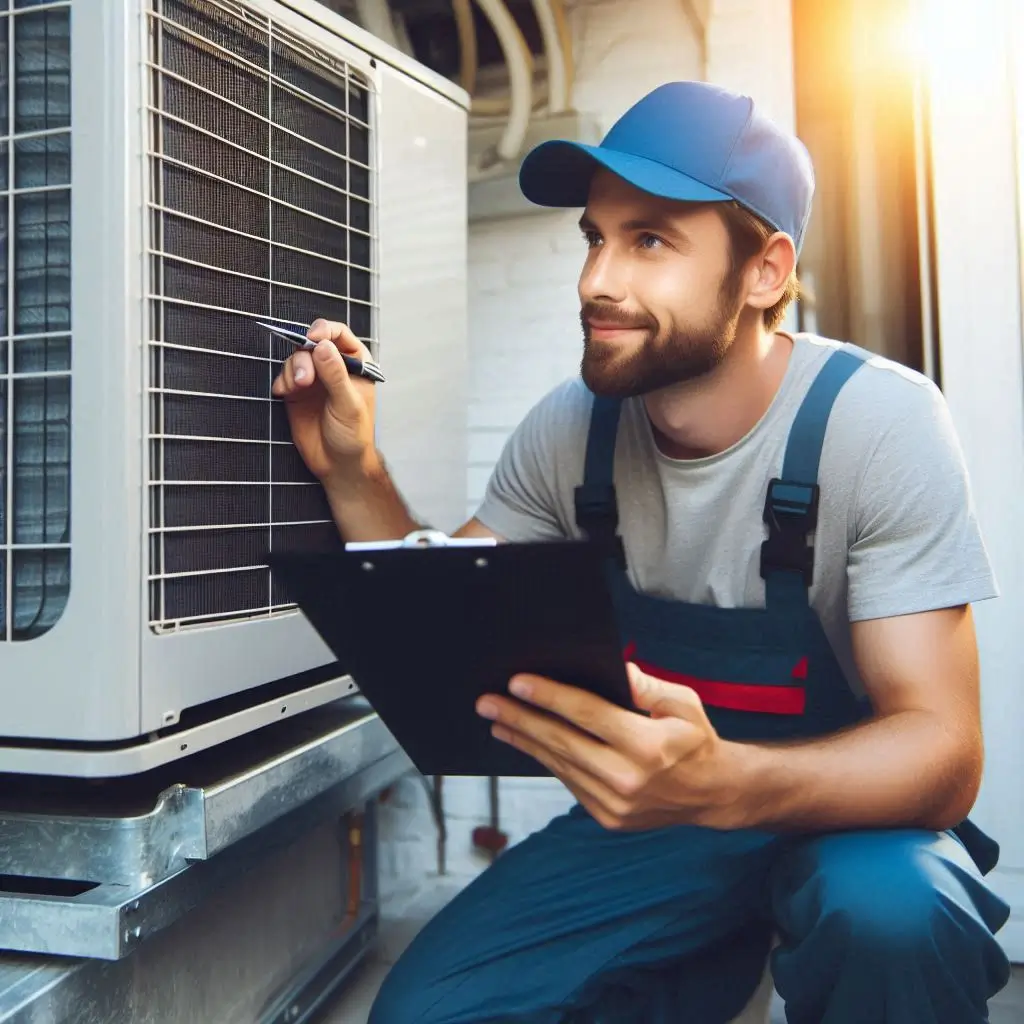 A professional HVAC technician inspecting an air conditioning unit, ensuring efficiency and performance.