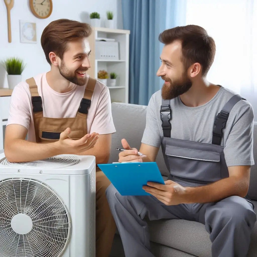 A homeowner and an HVAC professional discussing AC installation options while reviewing a service contract.