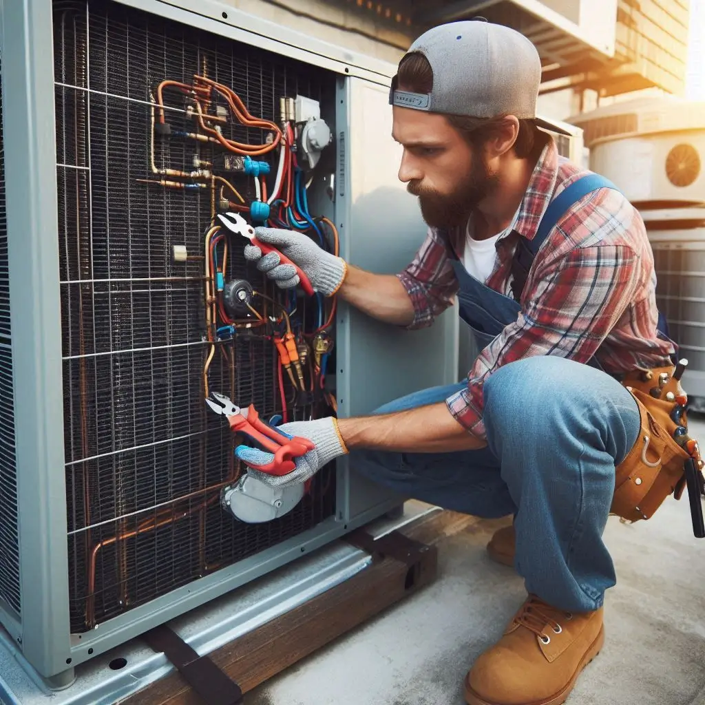 An HVAC technician checking an outdoor AC condenser unit with tools, ensuring proper airflow and refrigerant levels.