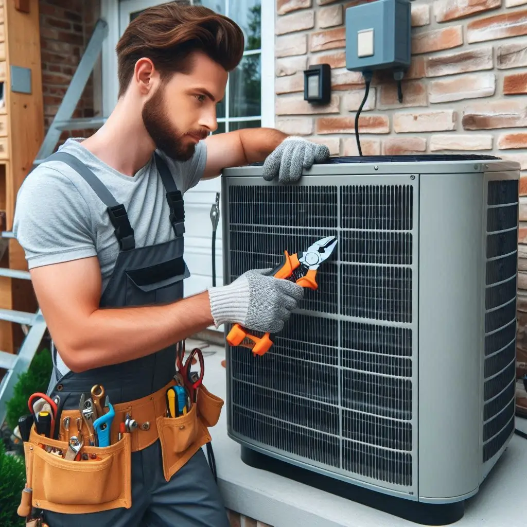 A modern HVAC technician in a uniform installing a central air conditioning unit outside a residential home, using professional tools.