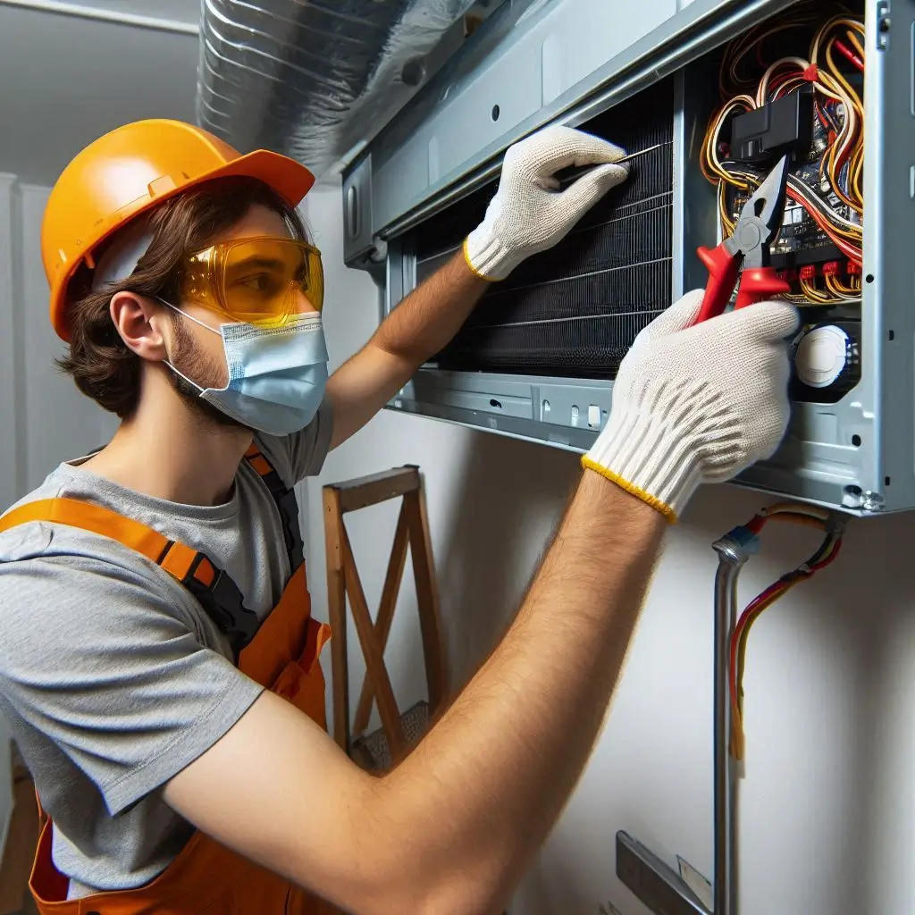 "An AC technician performing a precise installation, ensuring proper positioning, sealing, and electrical connections of the unit for optimal efficiency."
