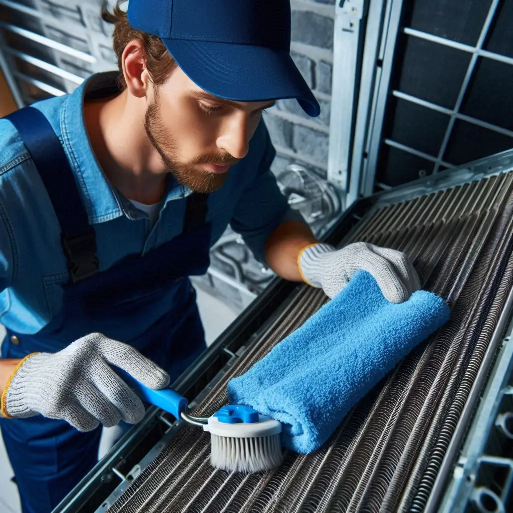 "An HVAC technician cleaning the coils of an air conditioning unit, ensuring they are free of dirt and debris for maximum efficiency."