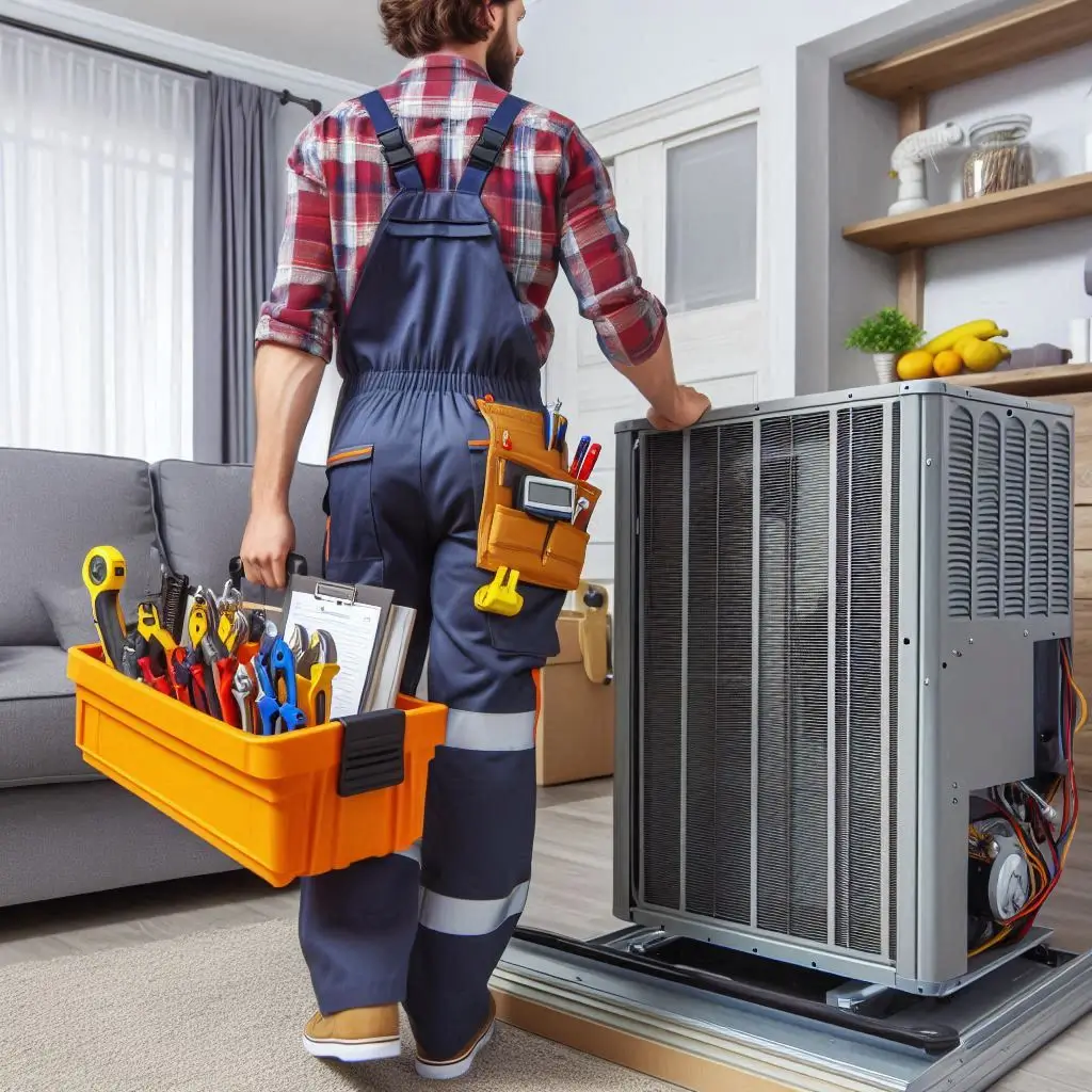 A professional HVAC technician arriving at a home for an emergency heating and air conditioning repair service, carrying a toolbox.