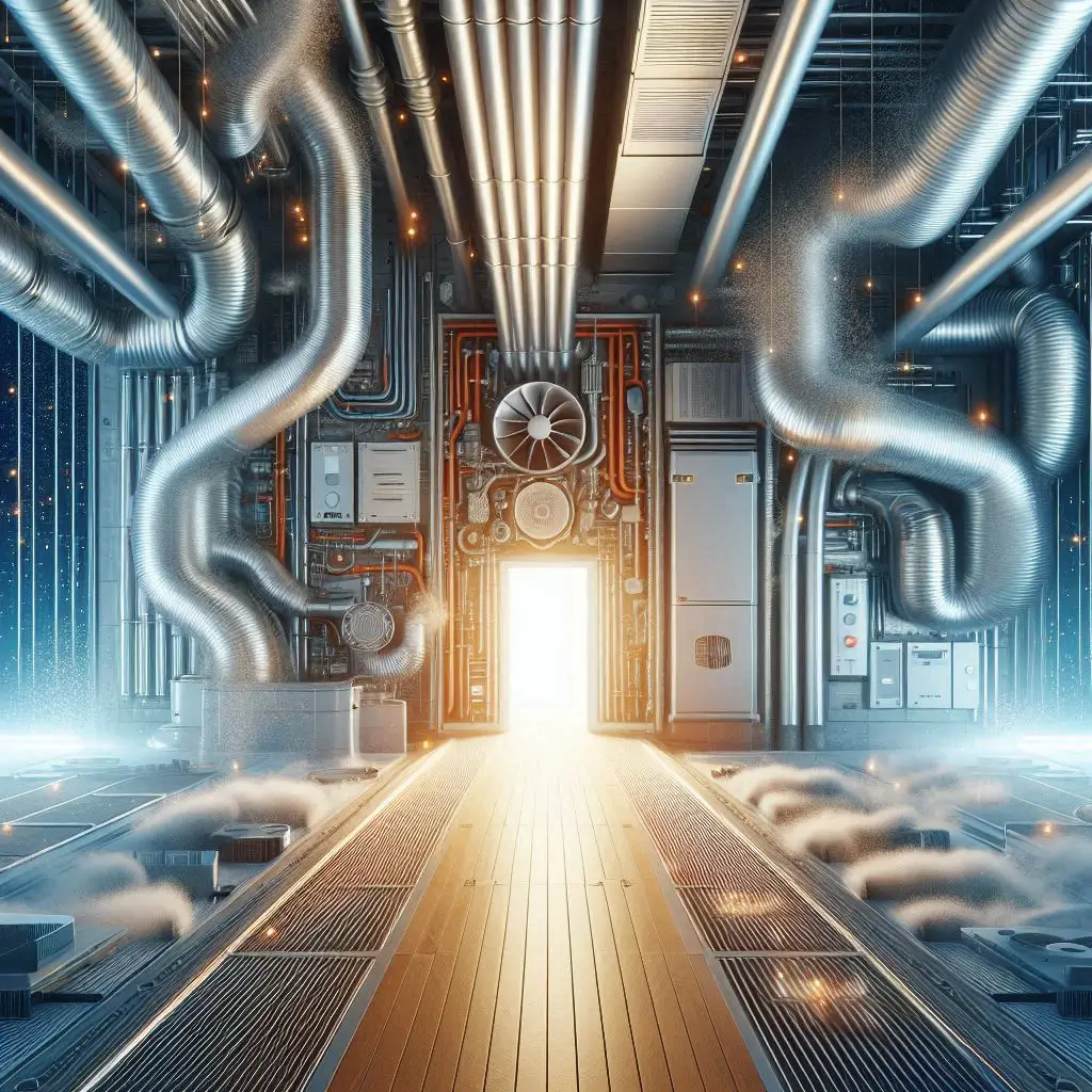 "An image of an HVAC system with clean ducts and vents, showing the long-term benefits of regular maintenance. The image should highlight the well-maintained system with a clear focus on its longevity and optimal performance."