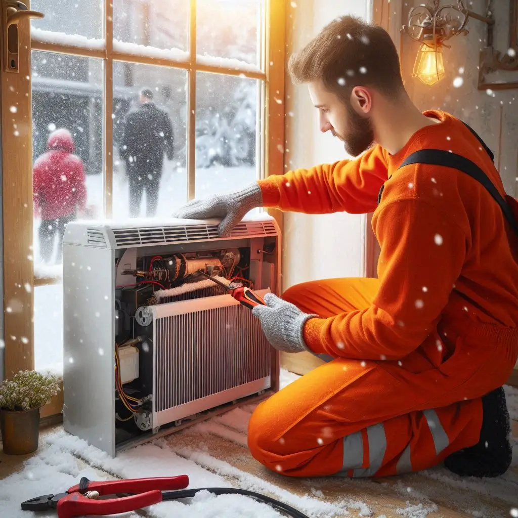 A technician working quickly to repair a heater in a home during winter. Snow is visible through the window, emphasizing the urgency and importance of emergency HVAC services during cold weather.
