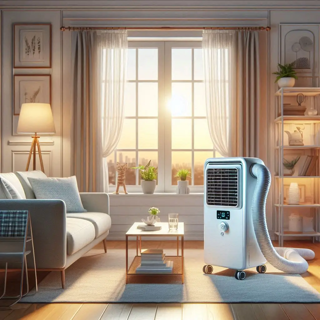 "A portable air conditioning unit in a living room, with a vent hose connected to a window. Show it being easily moved from one area to another."