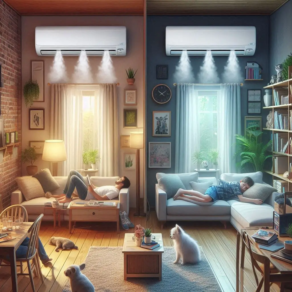 "A comparison of ARS air conditioner running quietly in a living room, with a traditional noisy HVAC system in a nearby room."