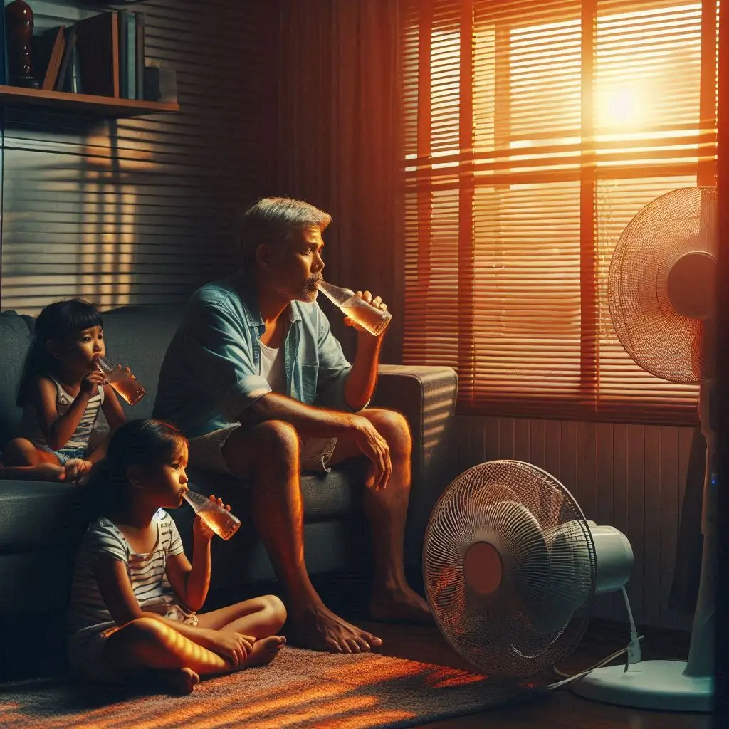 A family using fans and drinking water in a dimly lit living room, with blinds closed to block sunlight while waiting for AC repair.