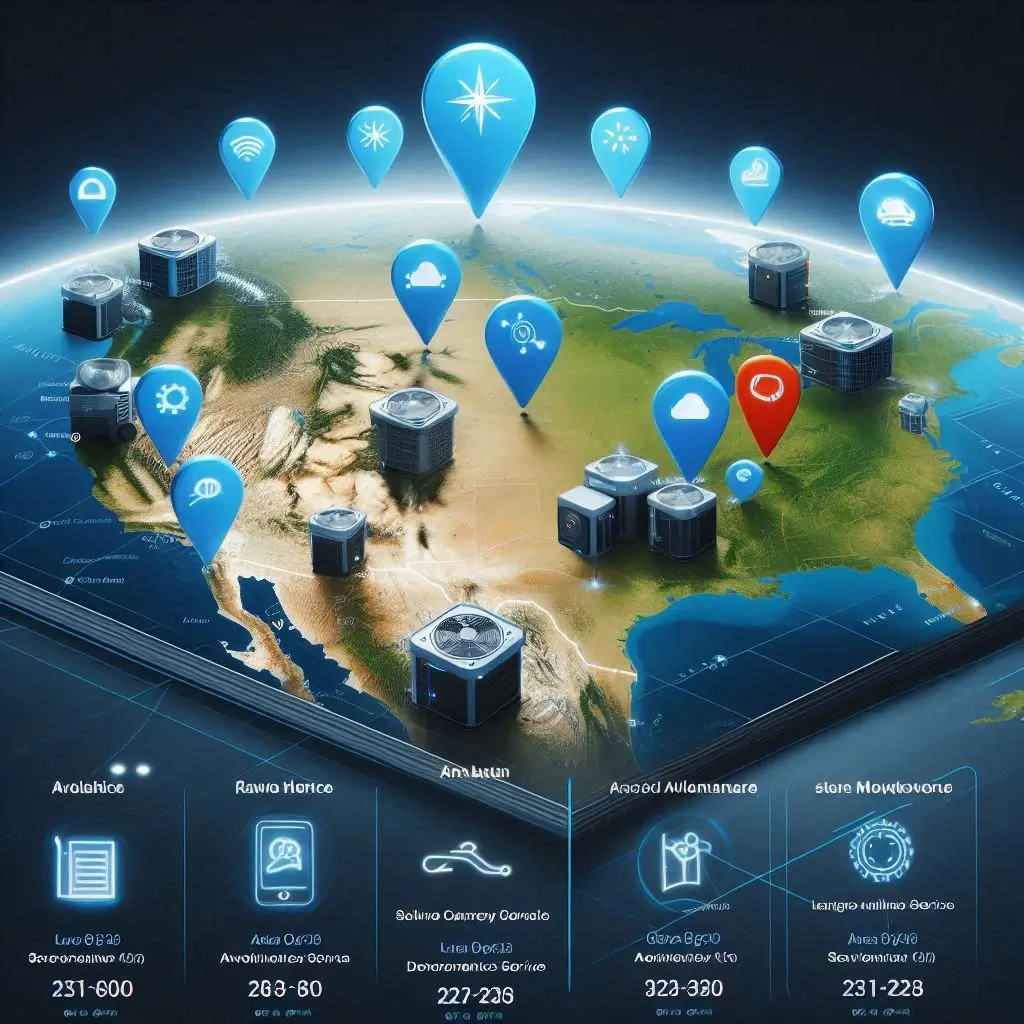  A digital map highlighting service coverage areas with pins marking available same-day HVAC service locations.]