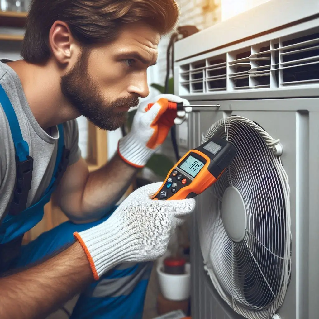 A professional HVAC technician inspecting an AC unit with diagnostic tools, ensuring peak performance.