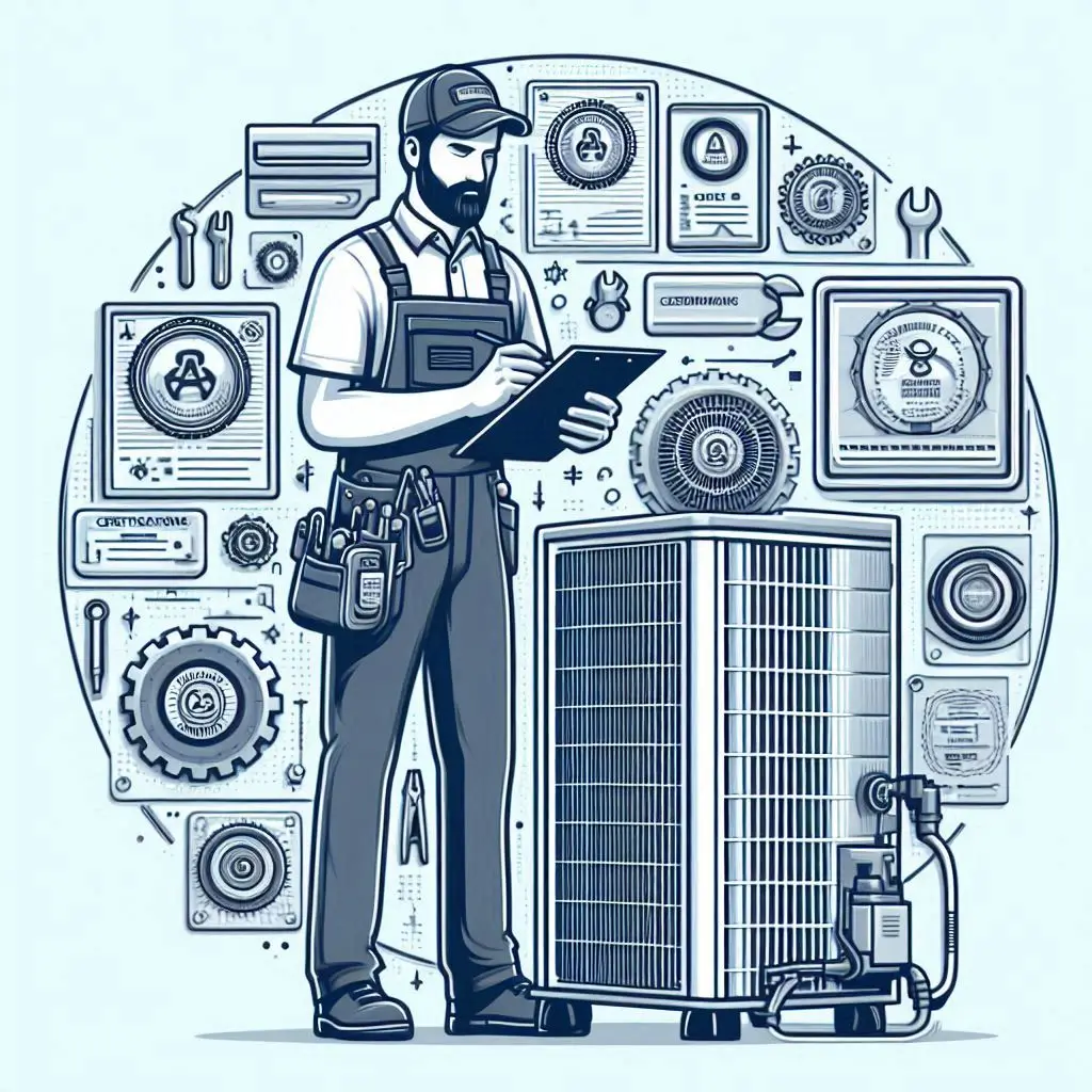 Generate an image of a technician in uniform performing an HVAC service, with certifications clearly displayed on their equipment or attire, representing reliability and expertise.