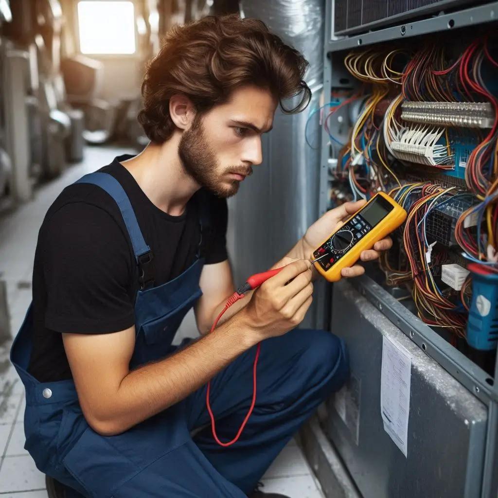 An HVAC technician using a multimeter to test electrical connections inside a central air conditioning unit.