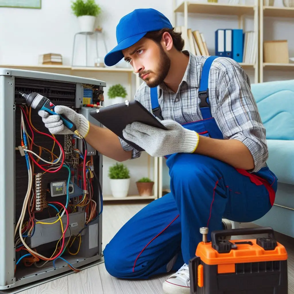 "A professional technician diagnosing and repairing an air conditioning unit, using diagnostic tools to troubleshoot issues like refrigerant leaks or electrical problems."