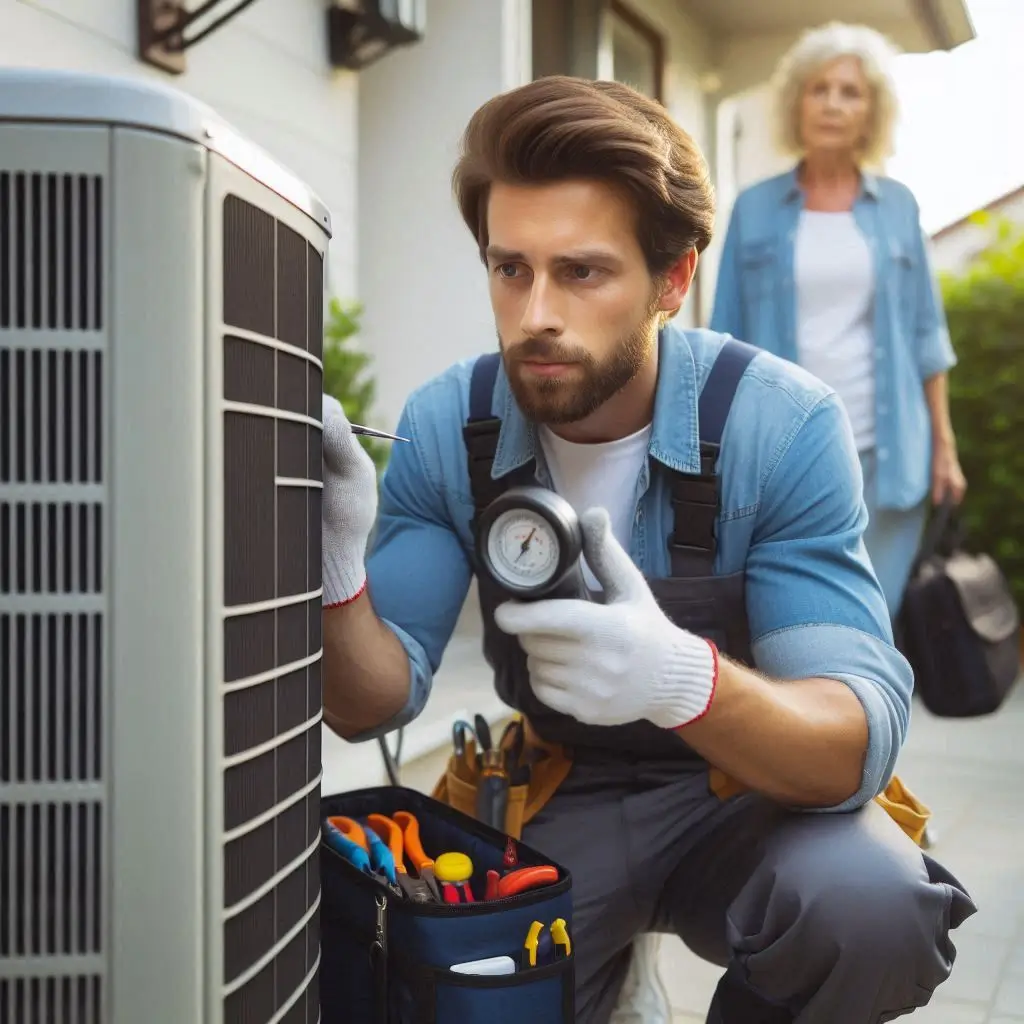 A professional HVAC technician in uniform, using diagnostic tools to inspect an air conditioner in a residential setting. The technician is focused, with a tool bag nearby and the homeowner watching attentively.