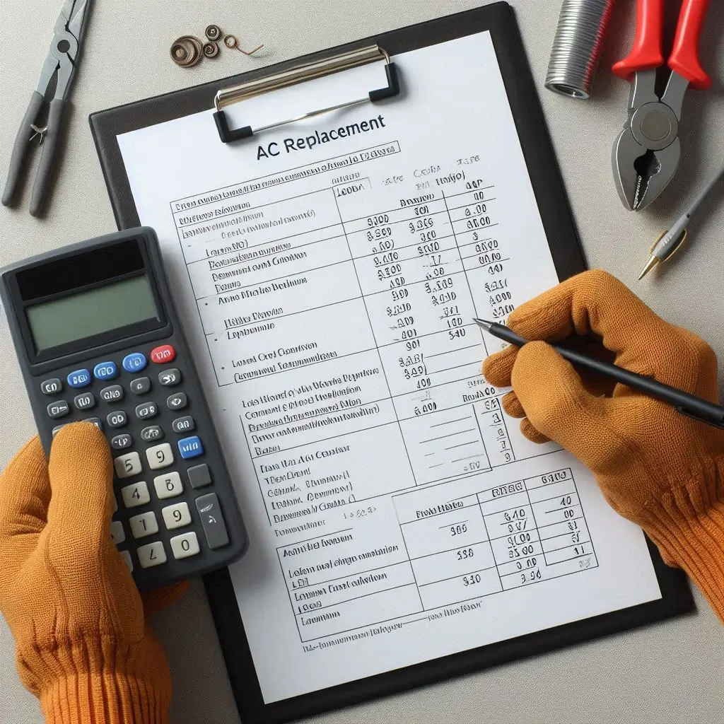 "A close-up of a written estimate for AC replacement with a breakdown of costs, including labor, materials, and installation fees."