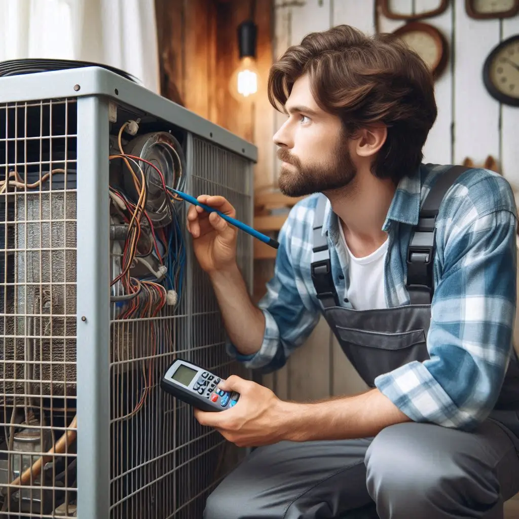 A professional HVAC technician inspecting an old HVAC unit in a residential home, checking for wear and tear, with diagnostic tools in hand.
