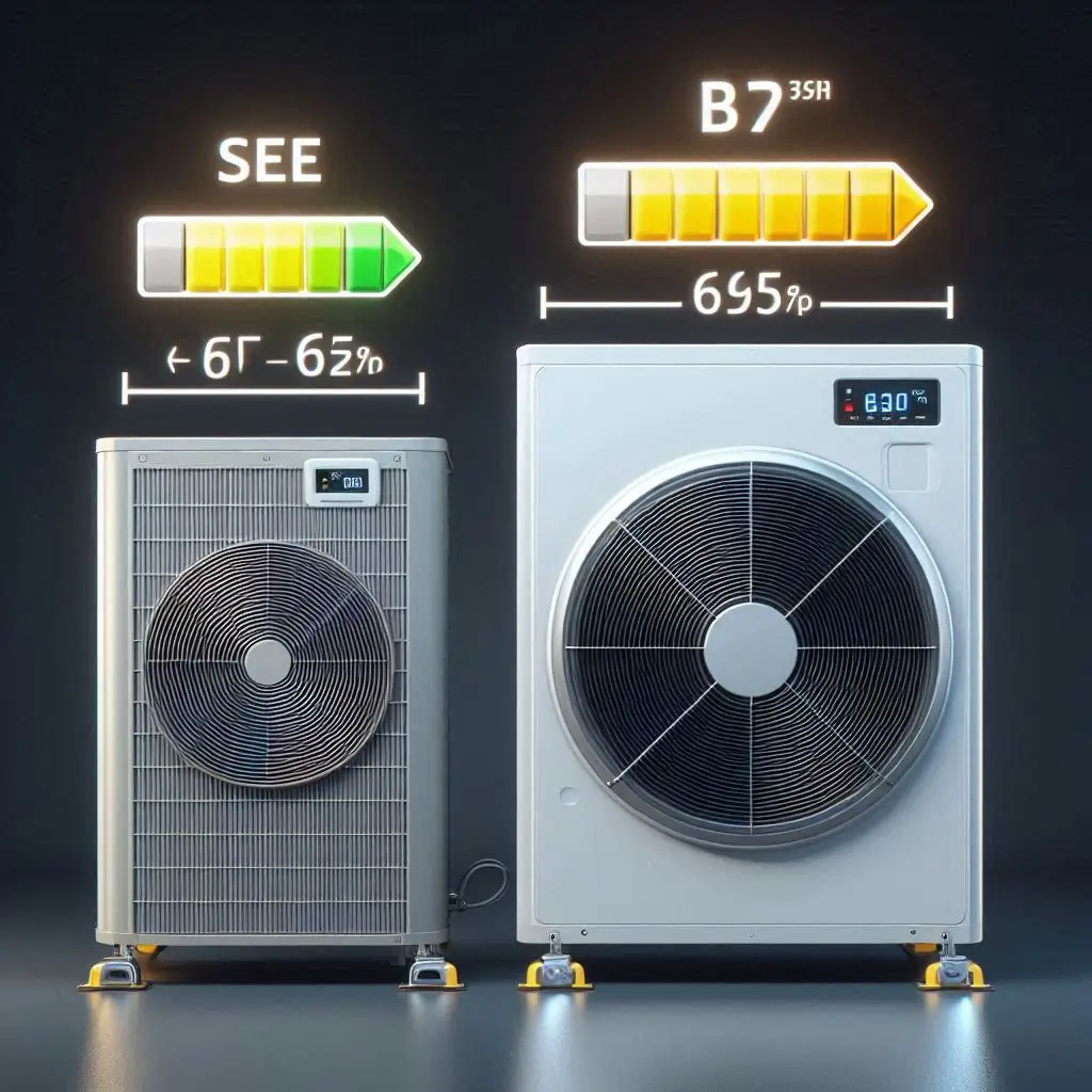 Image of two HVAC units side by side, showing the size difference and energy efficiency ratings (SEER and BTU).
