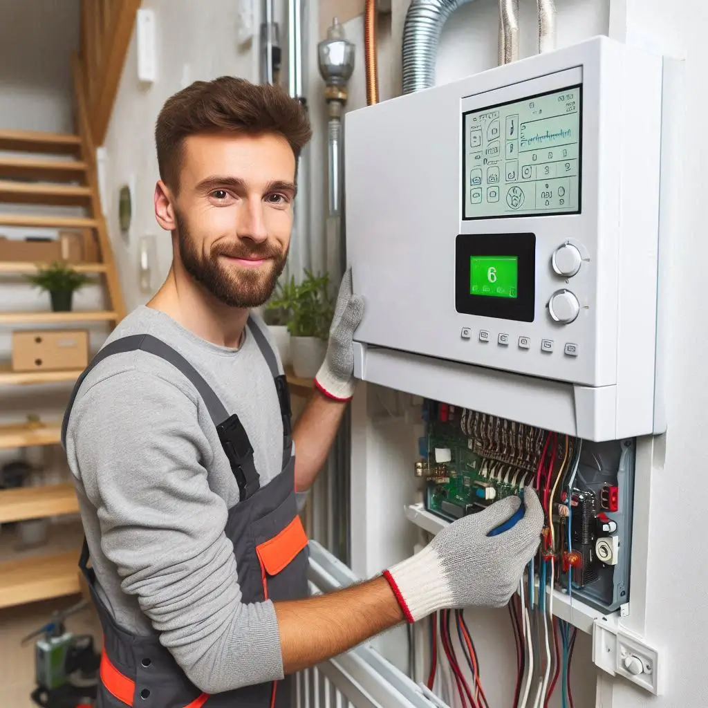 A technician in uniform installing a modern, energy-efficient heating system in a home, with a detailed control panel visible.
