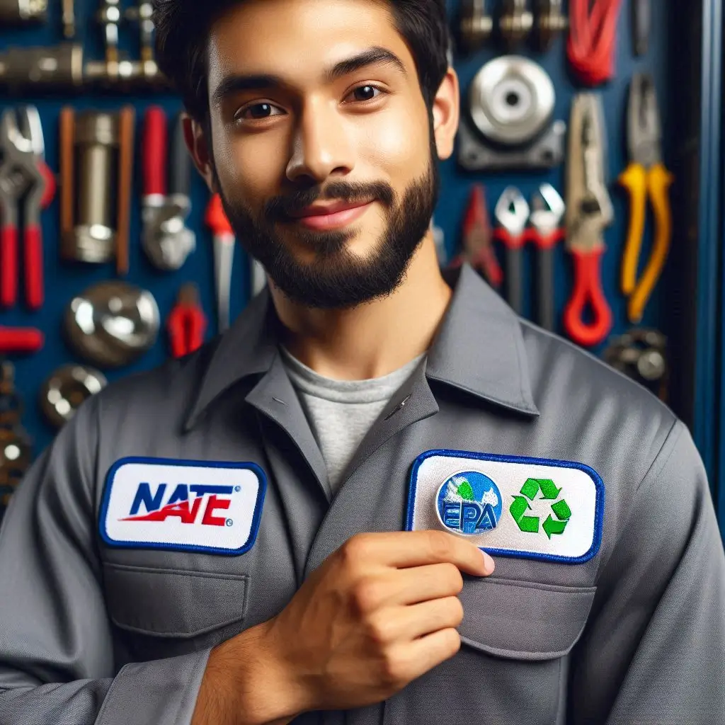 A close-up of an HVAC technician’s uniform badge displaying NATE and EPA certification logos, with HVAC tools in the background.