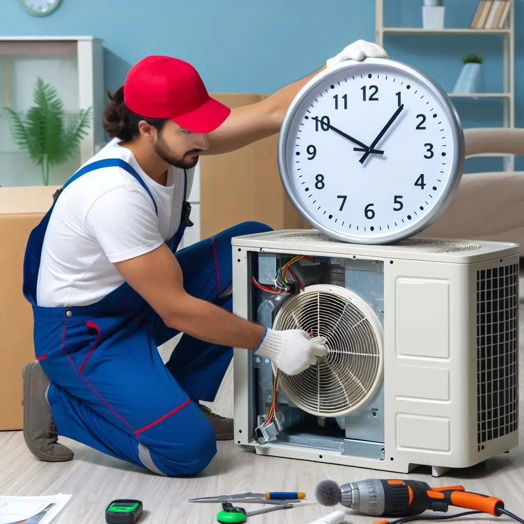 A technician installing an air conditioning unit, with a clock or timer showing the expected time for installation.