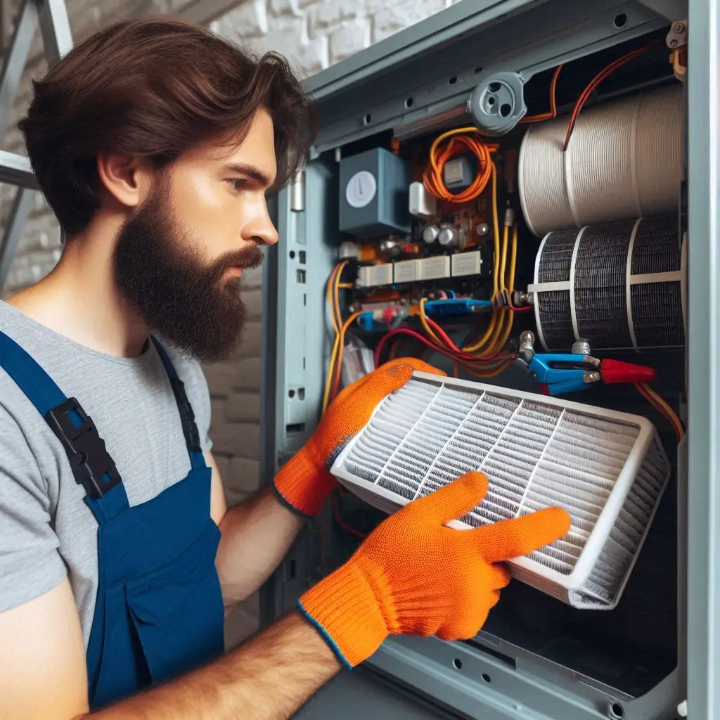 An HVAC technician performing routine maintenance on an air conditioner, showing tasks like filter cleaning or coil checks.