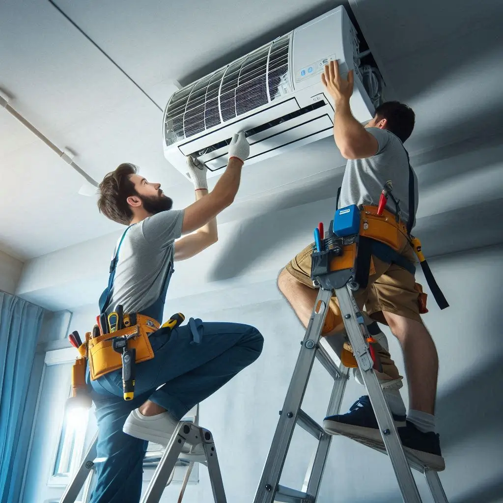 A technician installing an air conditioner in a hard-to-reach area or higher floor, showcasing the added complexity of installation.