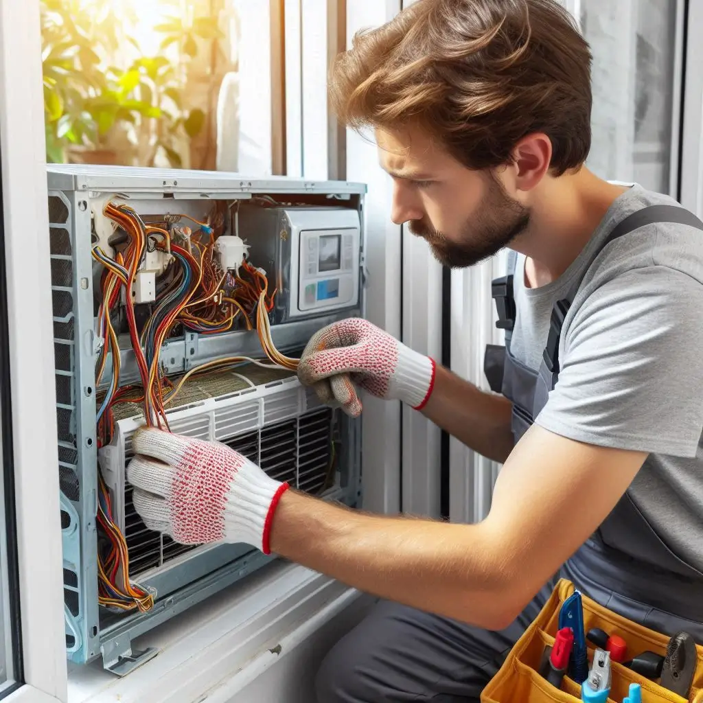 A technician removing a window AC unit for maintenance, cleaning the filters, and inspecting the coils.