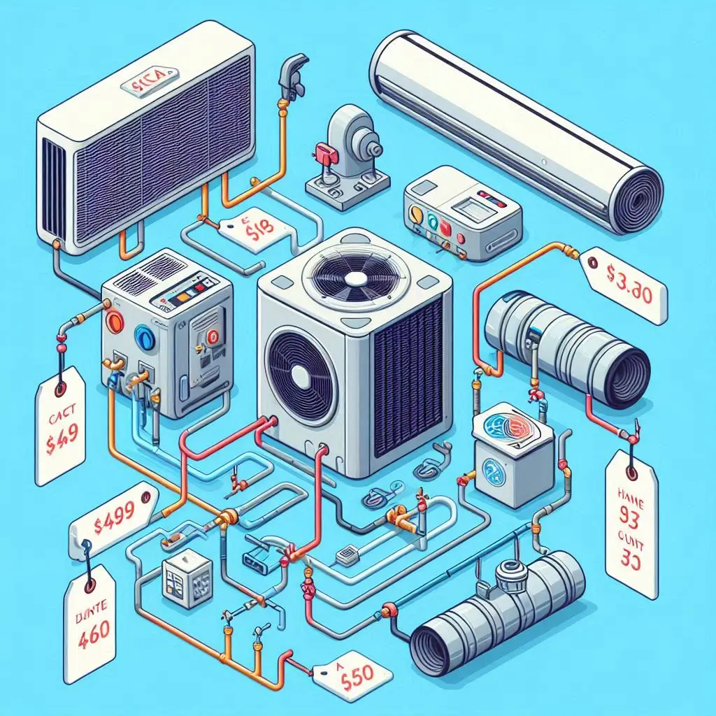 Image showing a breakdown of HVAC system components (AC, heater, ductwork) with price tags indicating the replacement costs for each.