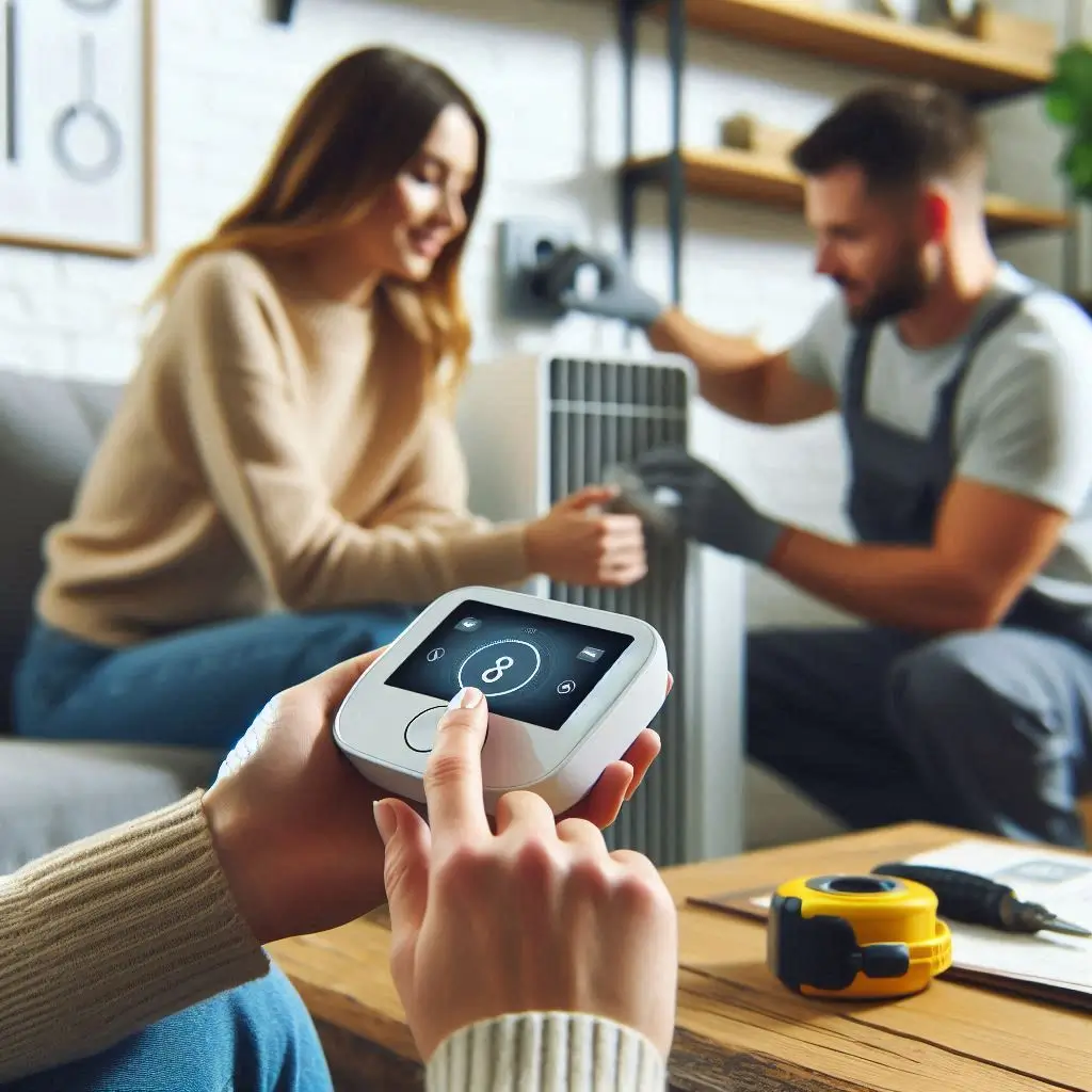 A homeowner adjusting a smart thermostat while a technician inspects the heating system in the background. The image should represent modern HVAC maintenance, showcasing efficiency and customer satisfaction.