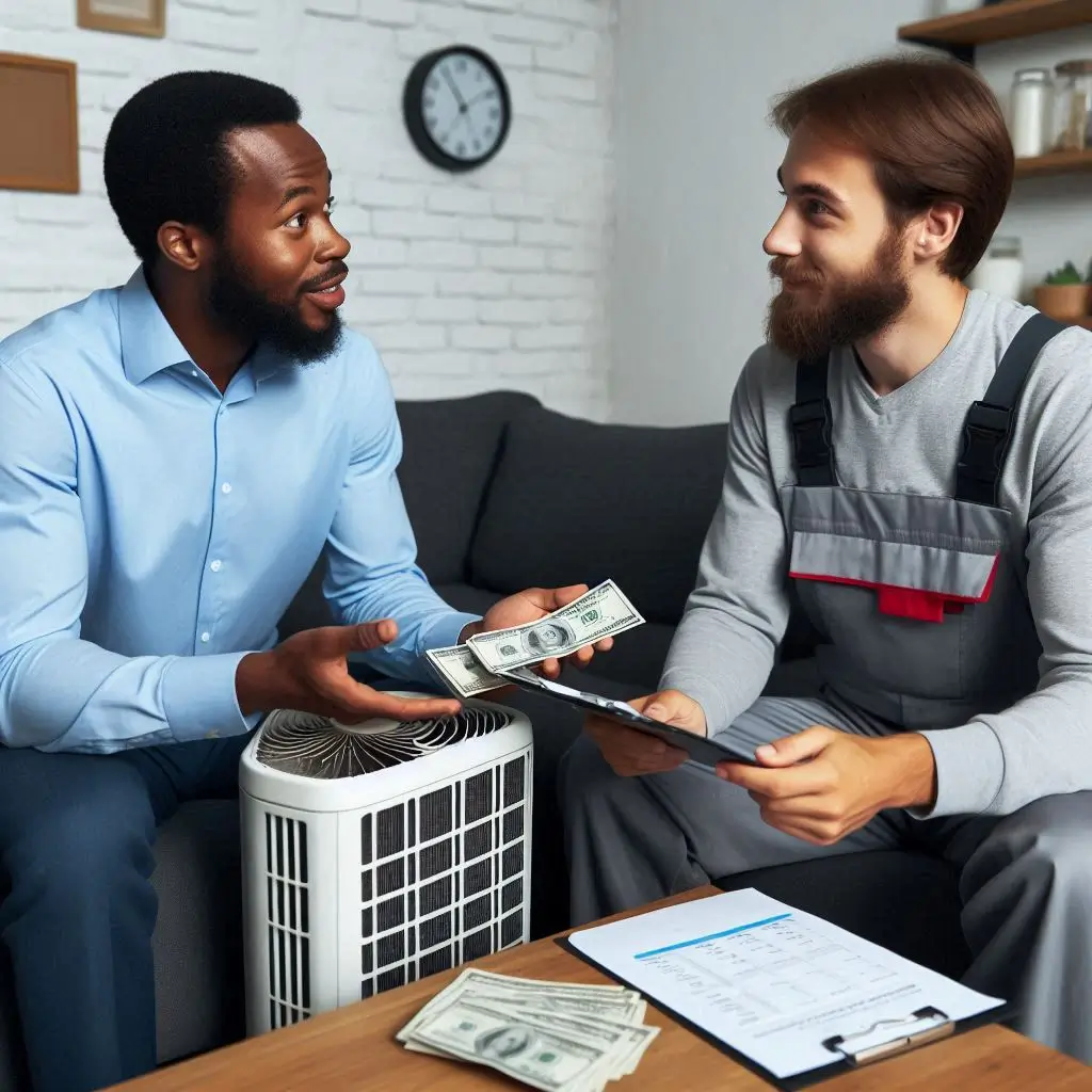 A customer receiving a cost estimate from an HVAC technician for repairing their air conditioning unit, discussing various pricing options.