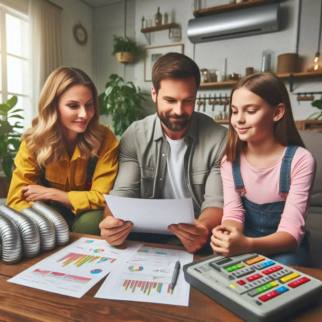 "A family in Calgary reviewing affordable HVAC options with a technician from Horizon Heating and Cooling, looking at cost-effective solutions for their home."