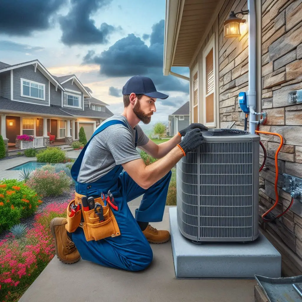 "A technician installing an AC unit in a residential home in Ocala, FL, with a focus on the suburban landscape and a typical home setup."