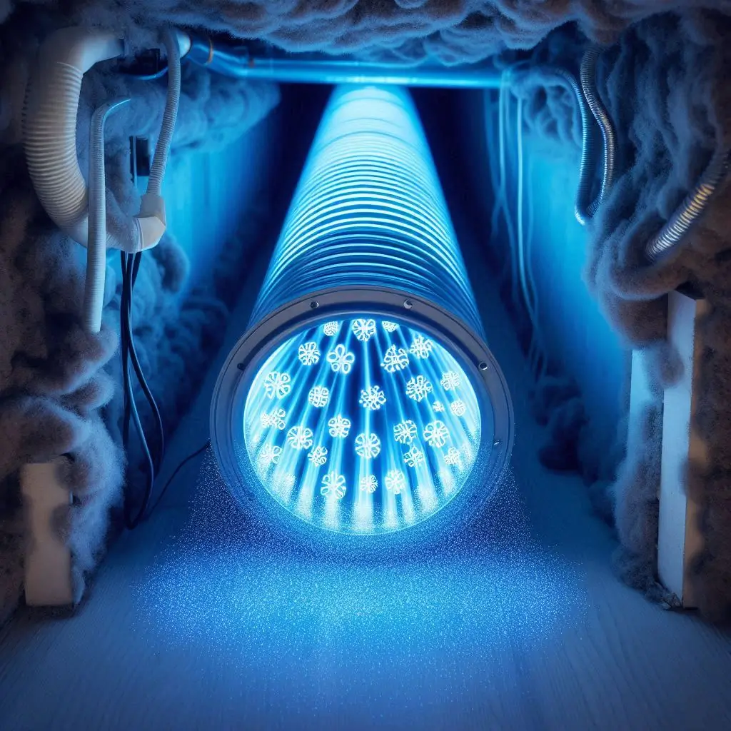 A close-up of an installed HVAC UV light system illuminating the inside of an air duct, preventing mold and bacteria buildup.