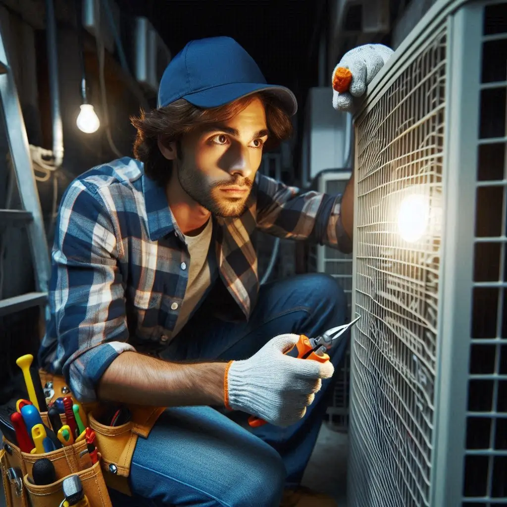 A professional HVAC technician inspecting an AC unit at night, with emergency repair tools in hand.