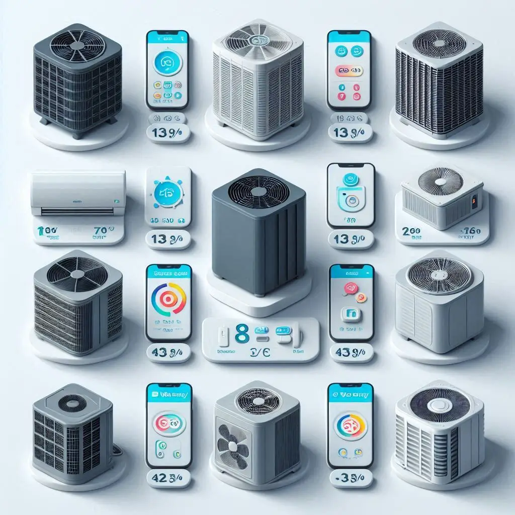 Image of various HVAC units from different brands, showing the price differences and key features (efficiency, warranty, smart features).