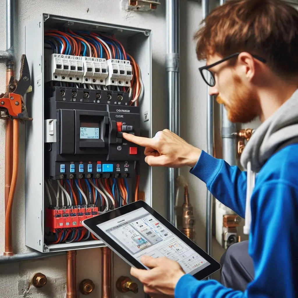 "An HVAC circuit breaker in the 'off' position and a technician turning it back on to restore power to the system."